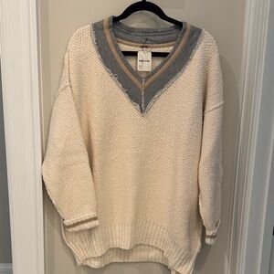 NWT Free People Cream and Gray V-Neck Sweater